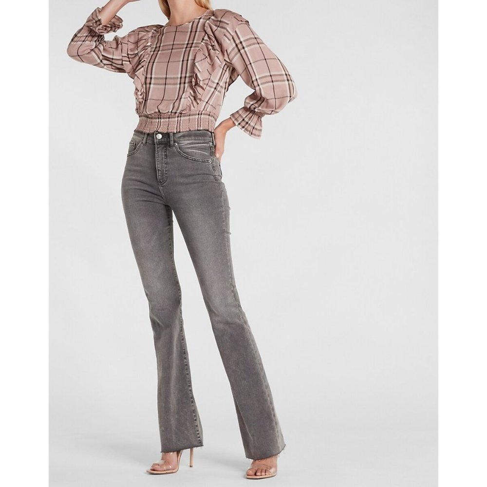 Express Plaid Ruffle Front Banded Bottom Top XS
